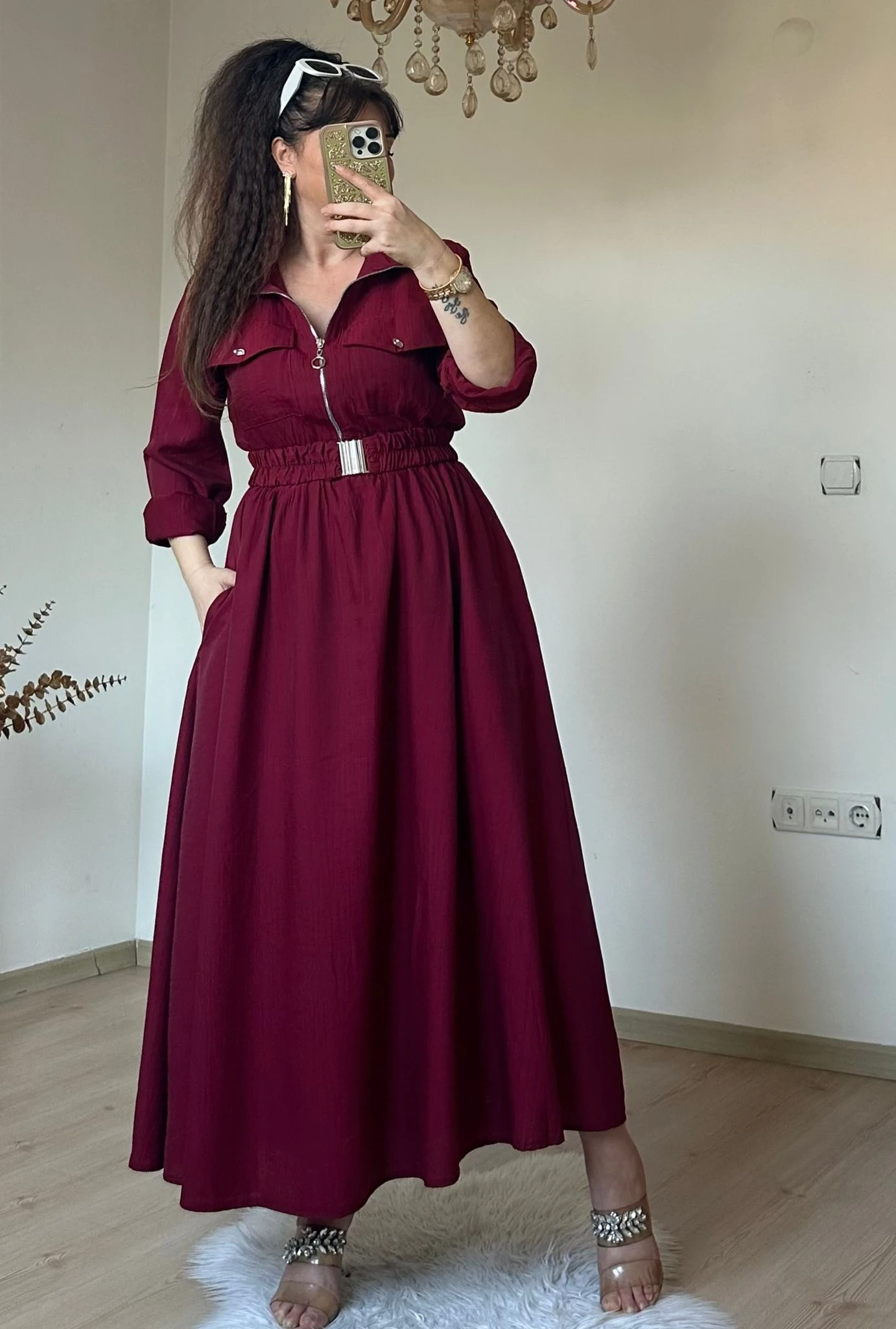 Yaka Cepli Spor Elbıse Bordo