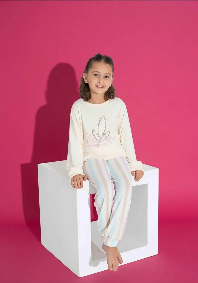 Ekru Çizgi Desen Çocuk Pijama Takımı