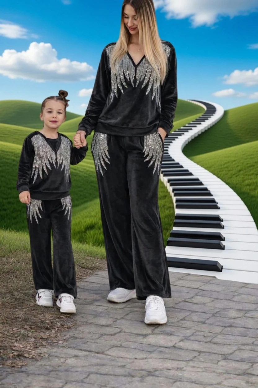 Angel Kadife Taşlı Takım Çocuk Siyah