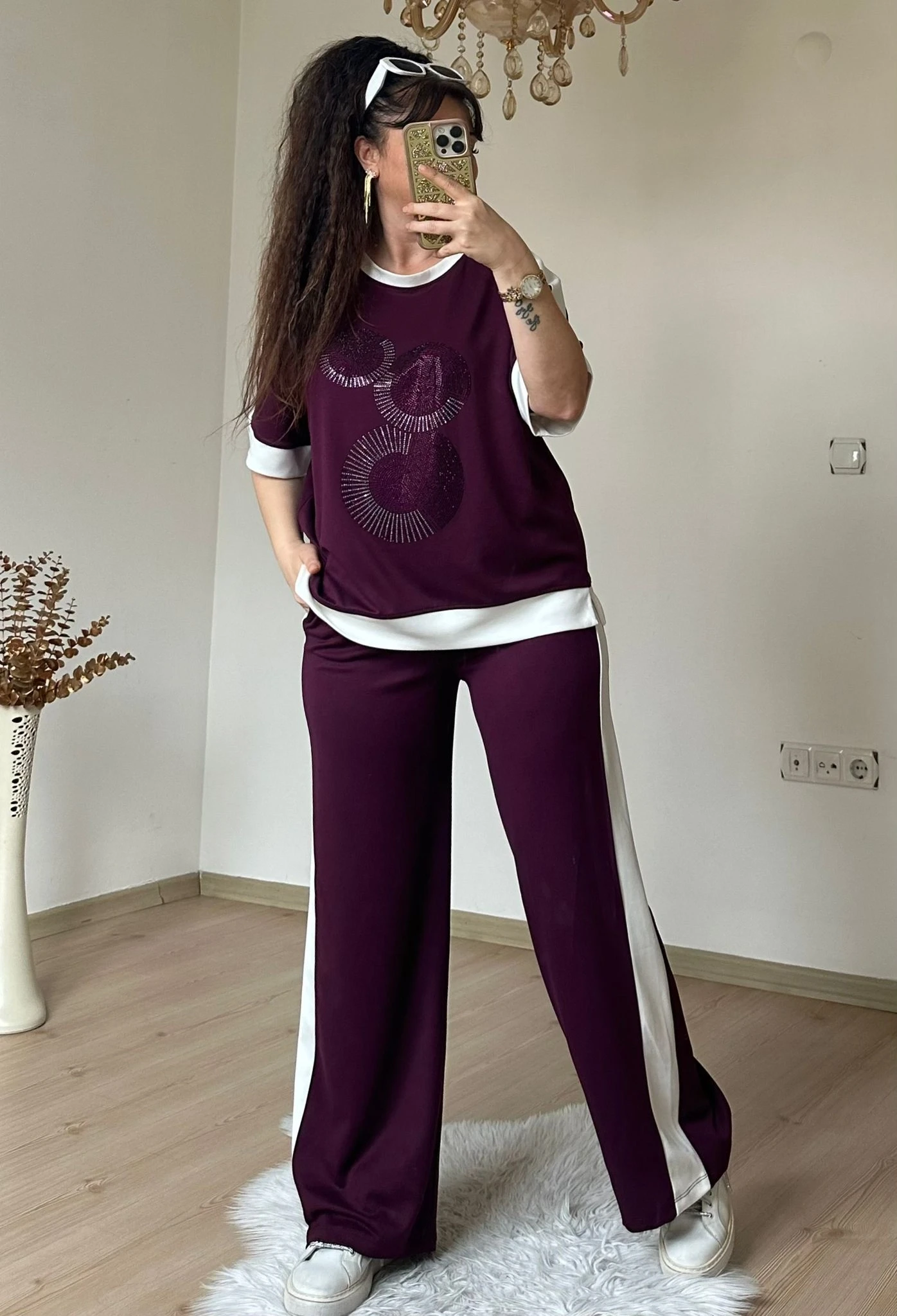 Ön Halka Taşlı Takım Bordo