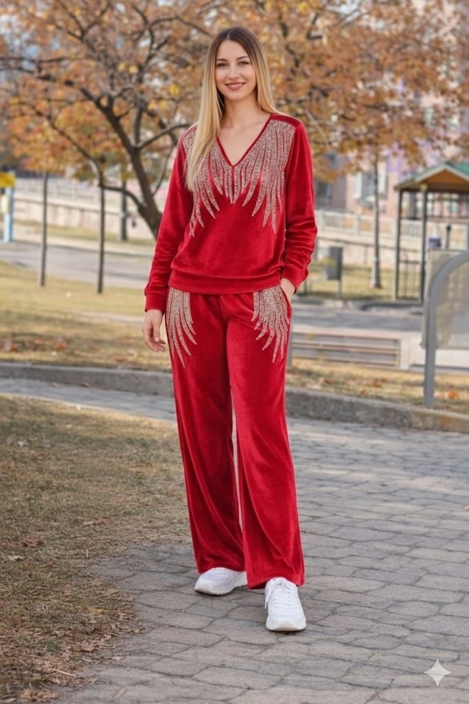 Angel Kadife Taşlı Takım Anne Kırmızı