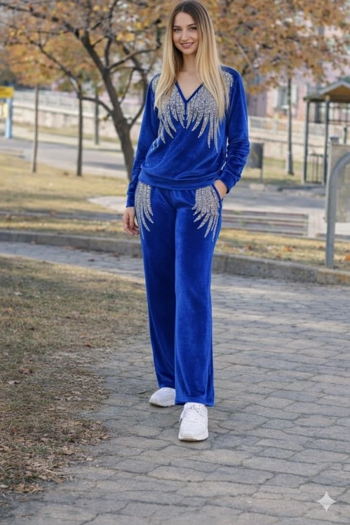 Angel Kadife Taşlı Takım Anne Mavi