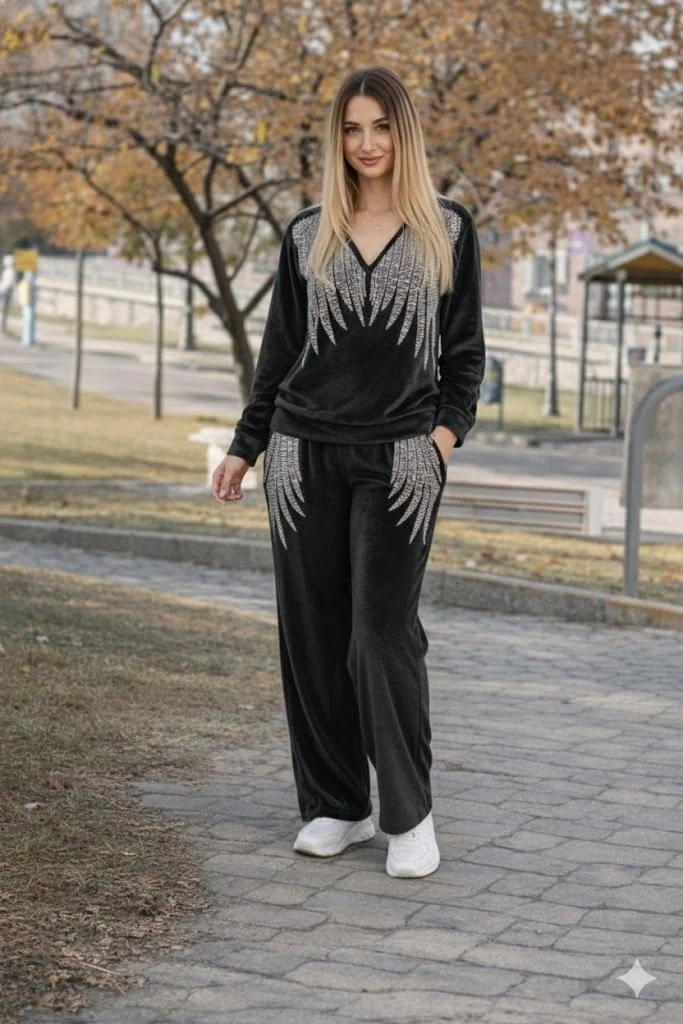 Angel Kadife Taşlı Takım Anne Siyah