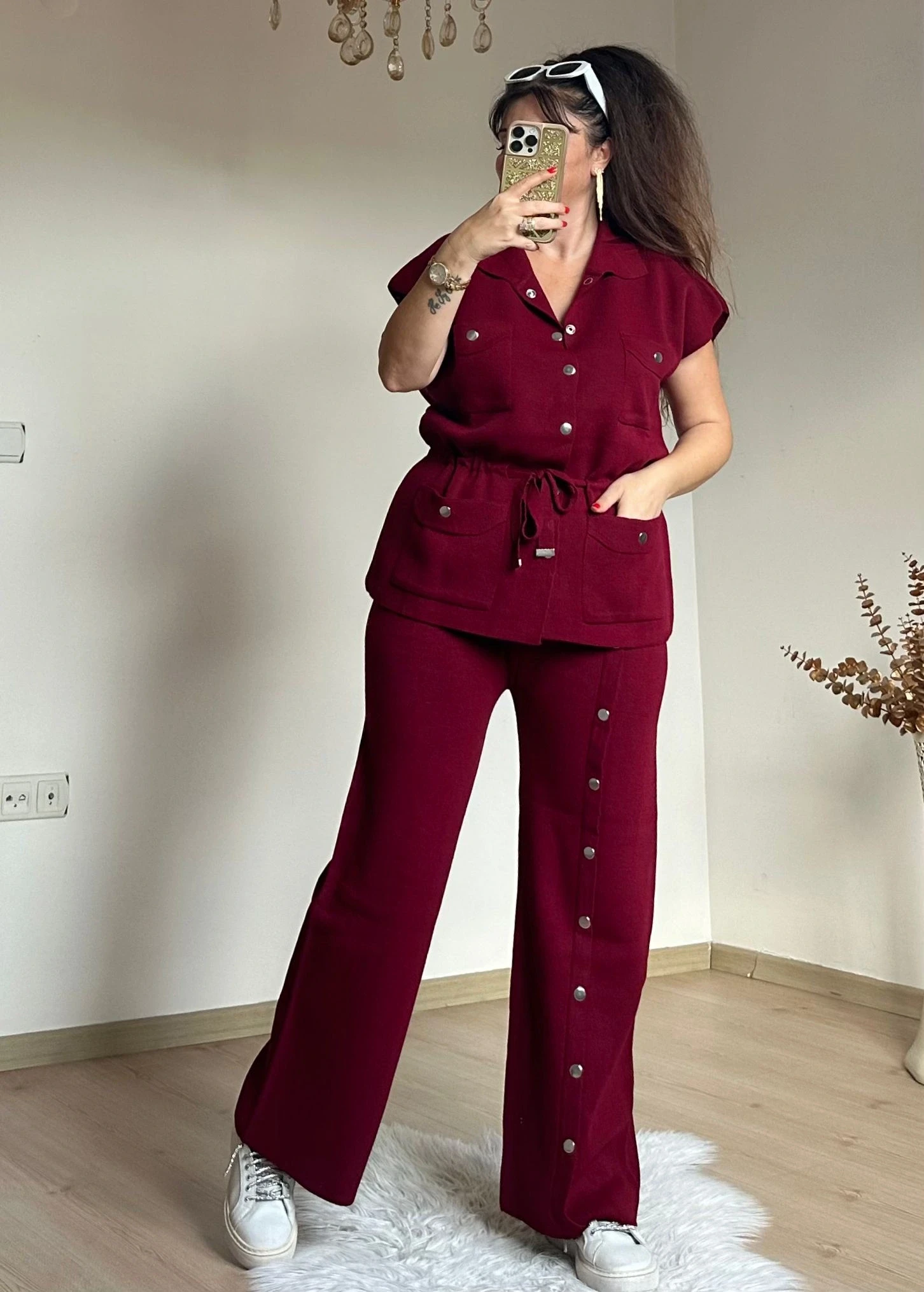 Cıtcılı Sıfır Kol Yelek Takım Bordo