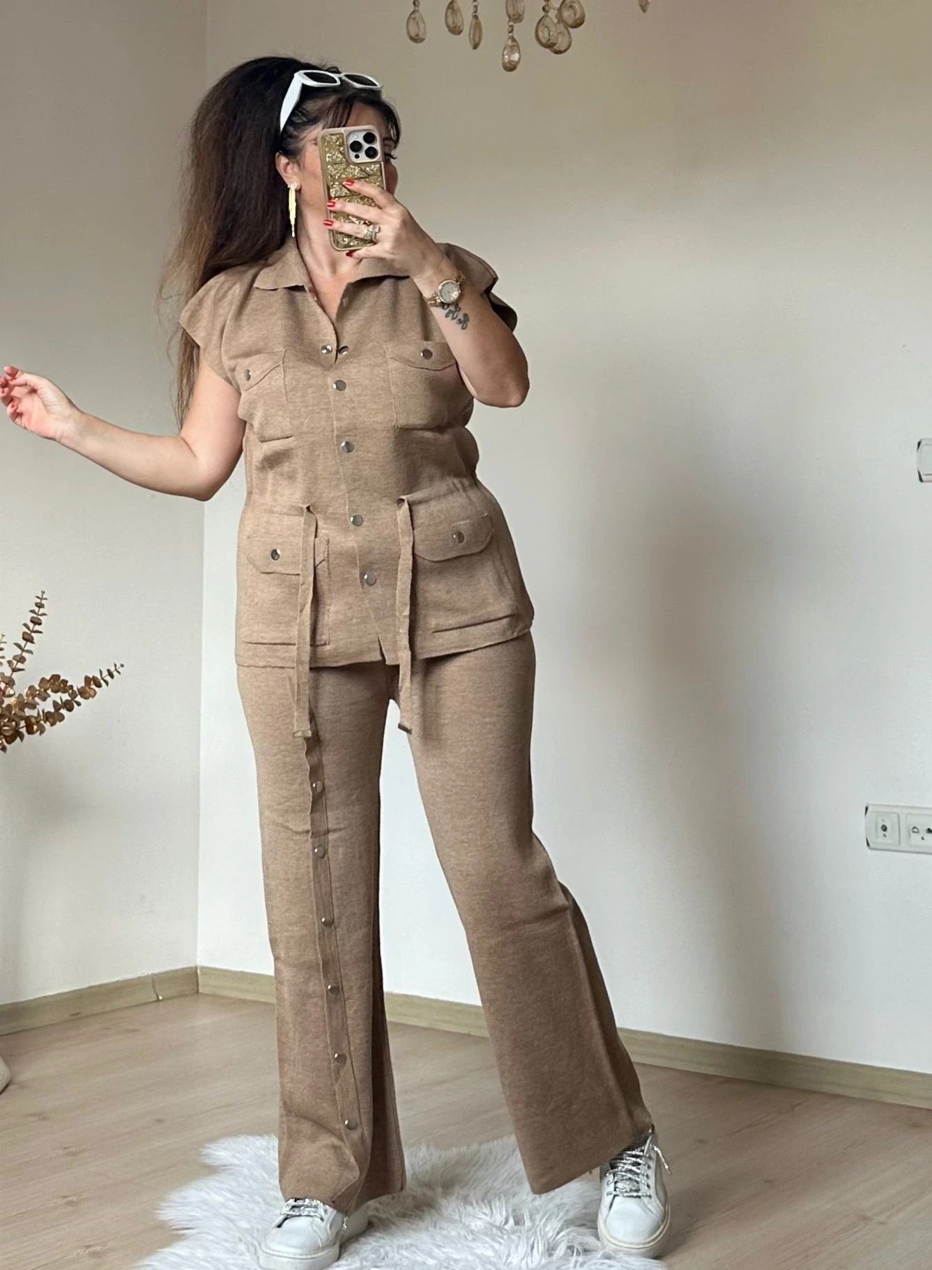 Cıtcılı Sıfır Kol Yelek Takım Kahve