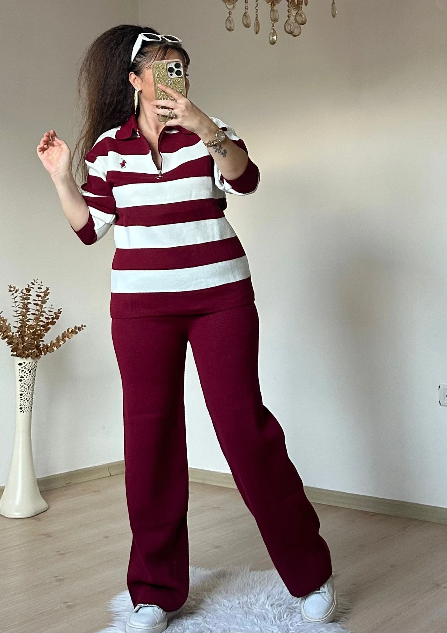 Çizgili Trıko Takım Bordo