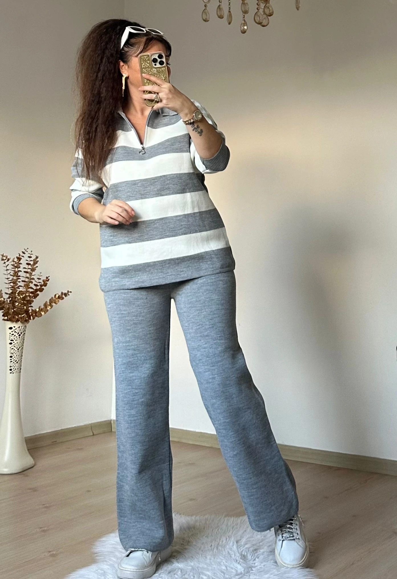 Çizgili Trıko Takım Gri