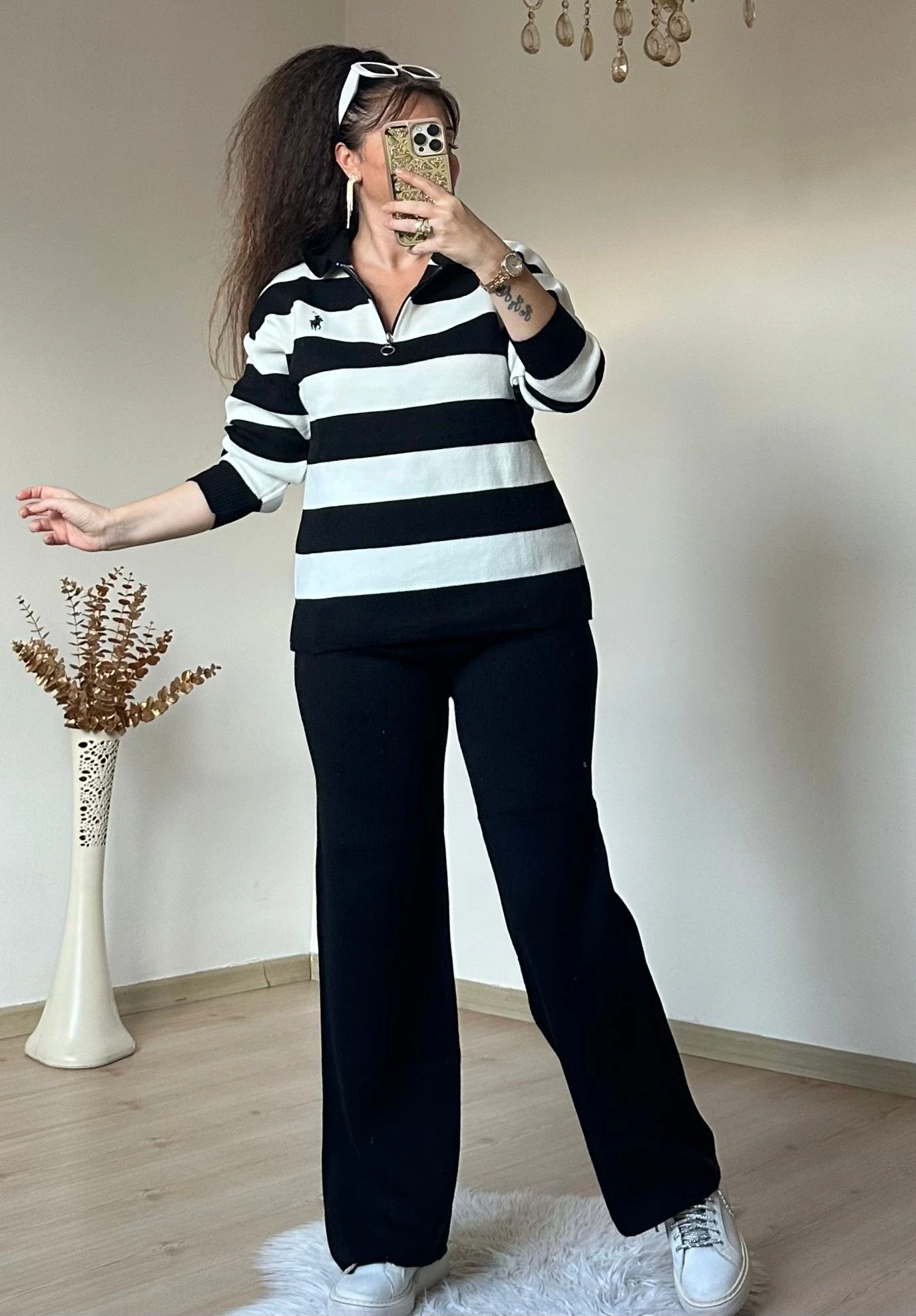 Çizgili Trıko Takım Siyah