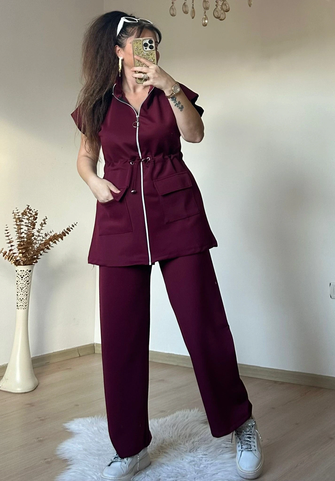 Dik Yaka Fermuarlı Yelekli Takım Bordo