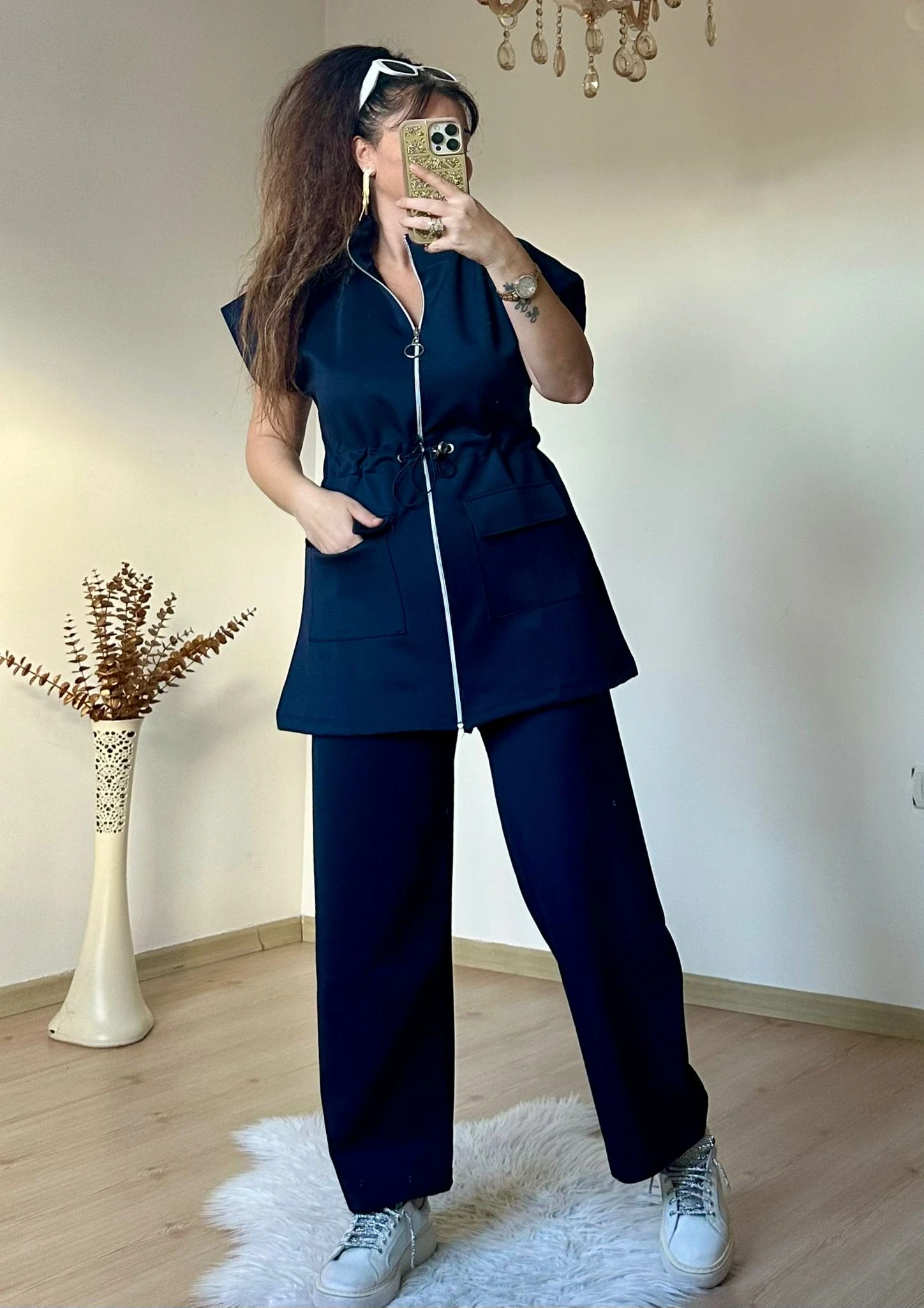 Dik Yaka Fermuarlı Yelekli Takım Lacivert