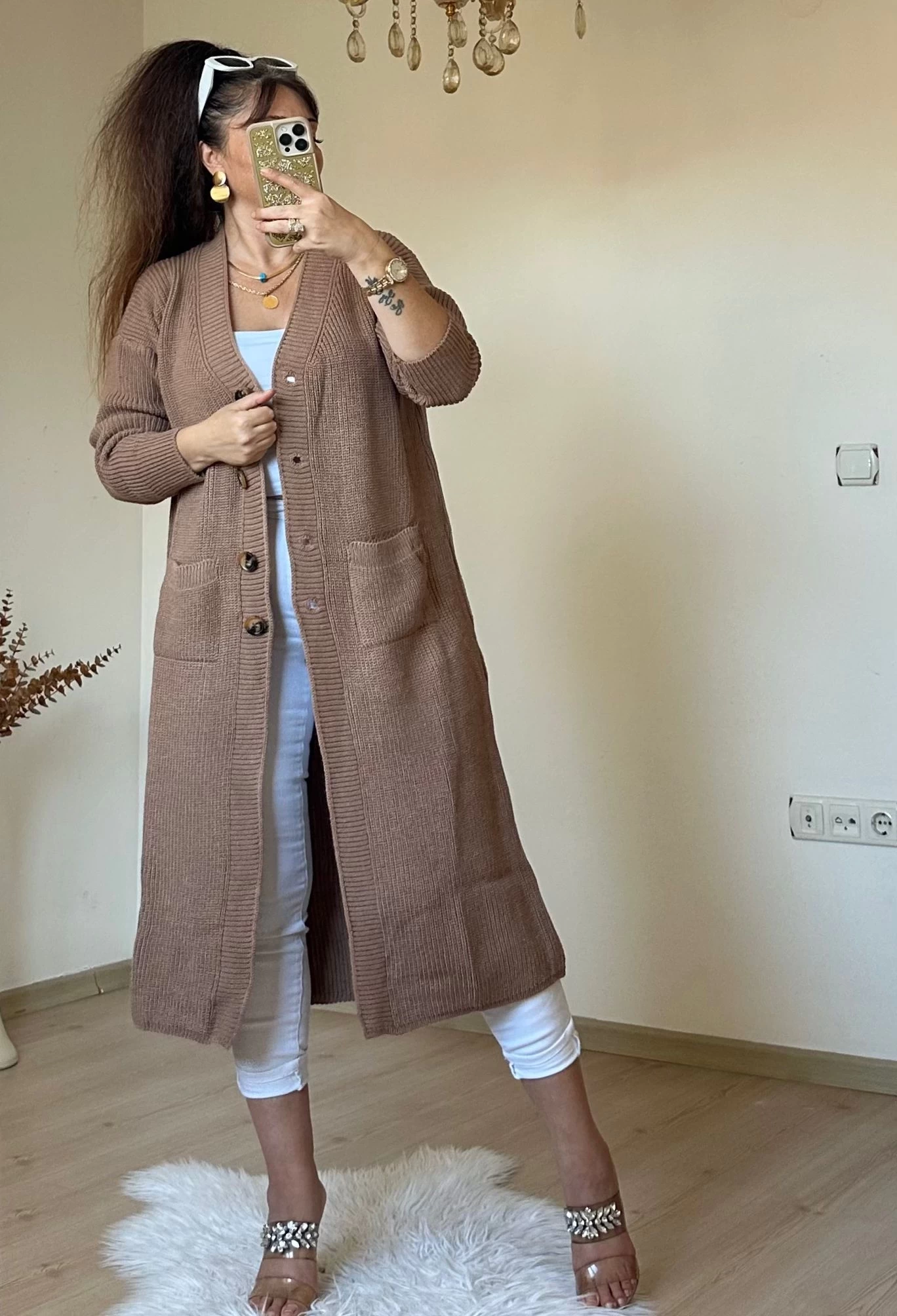 Düğmeli Uzun Hırka Kahve