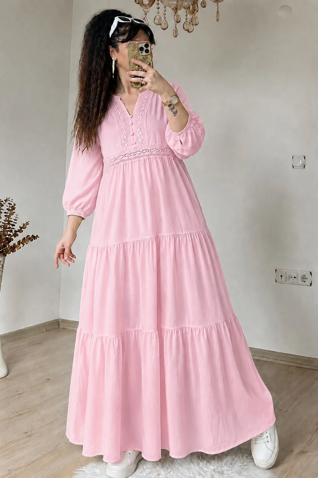 Eteği Fırfırlı Dantel Şerit Detaylı Elbise Pembe