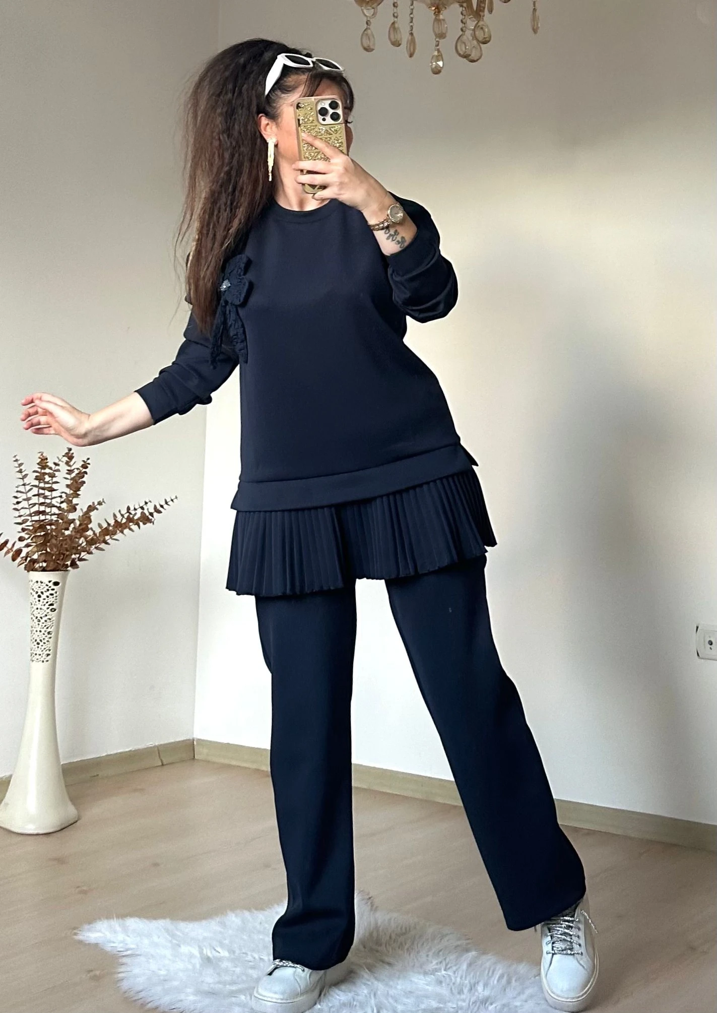 Eteği Pileli Çiçek Takım Lacivert