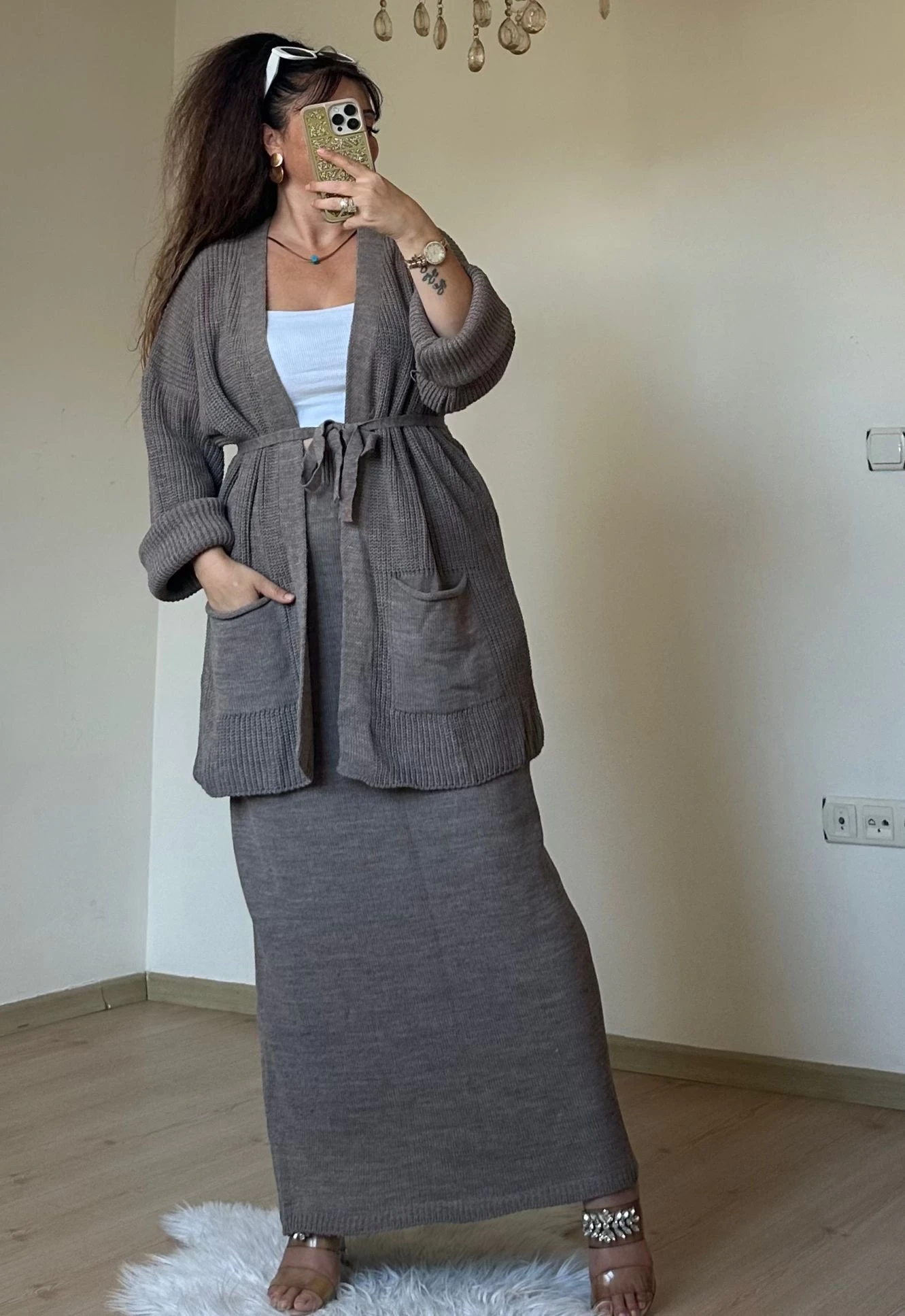 Etek Hırka Trıko Takım Kahve