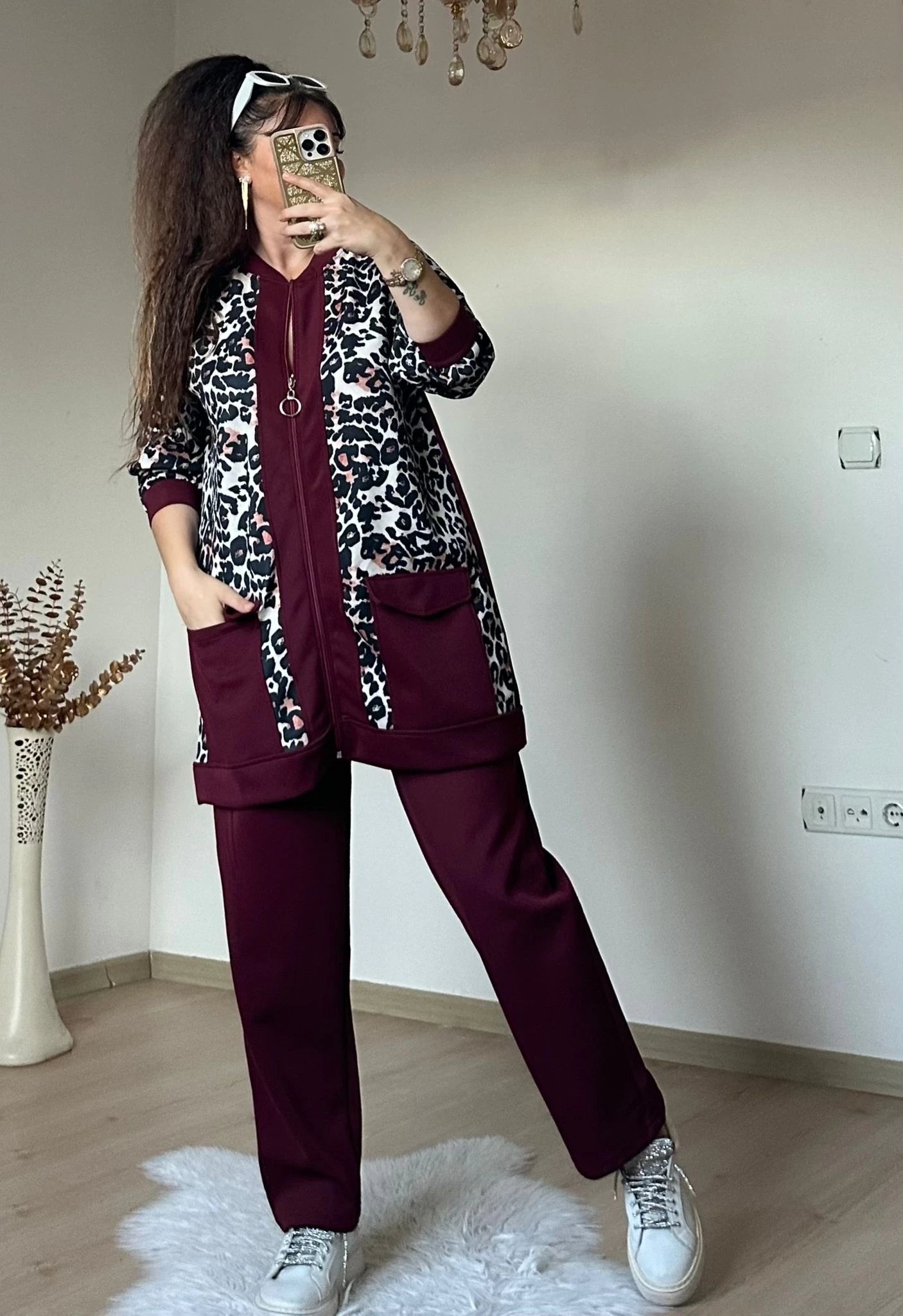 Fermuarlı Leopar Takım Bordo