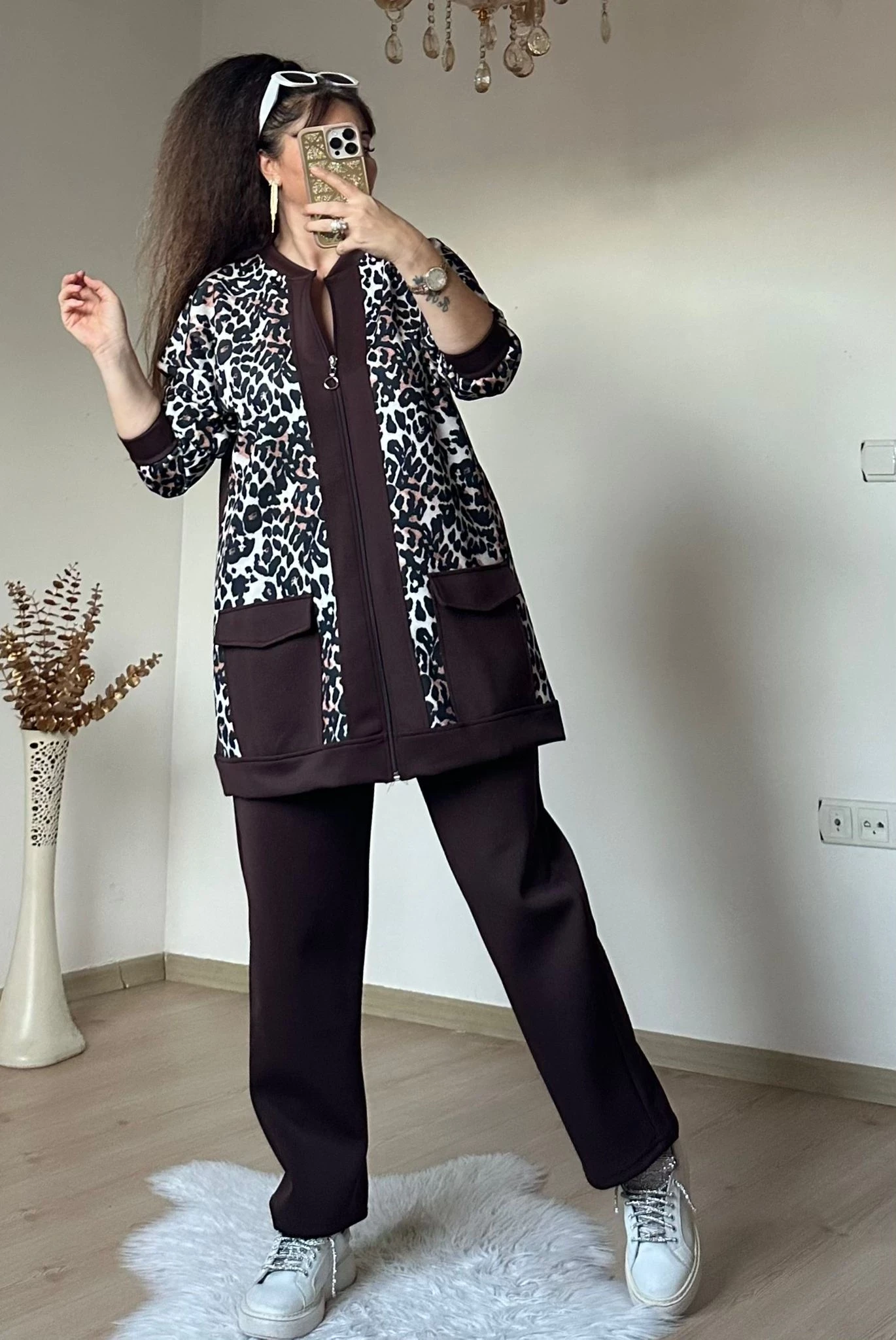 Fermuarlı Leopar Takım Kahve