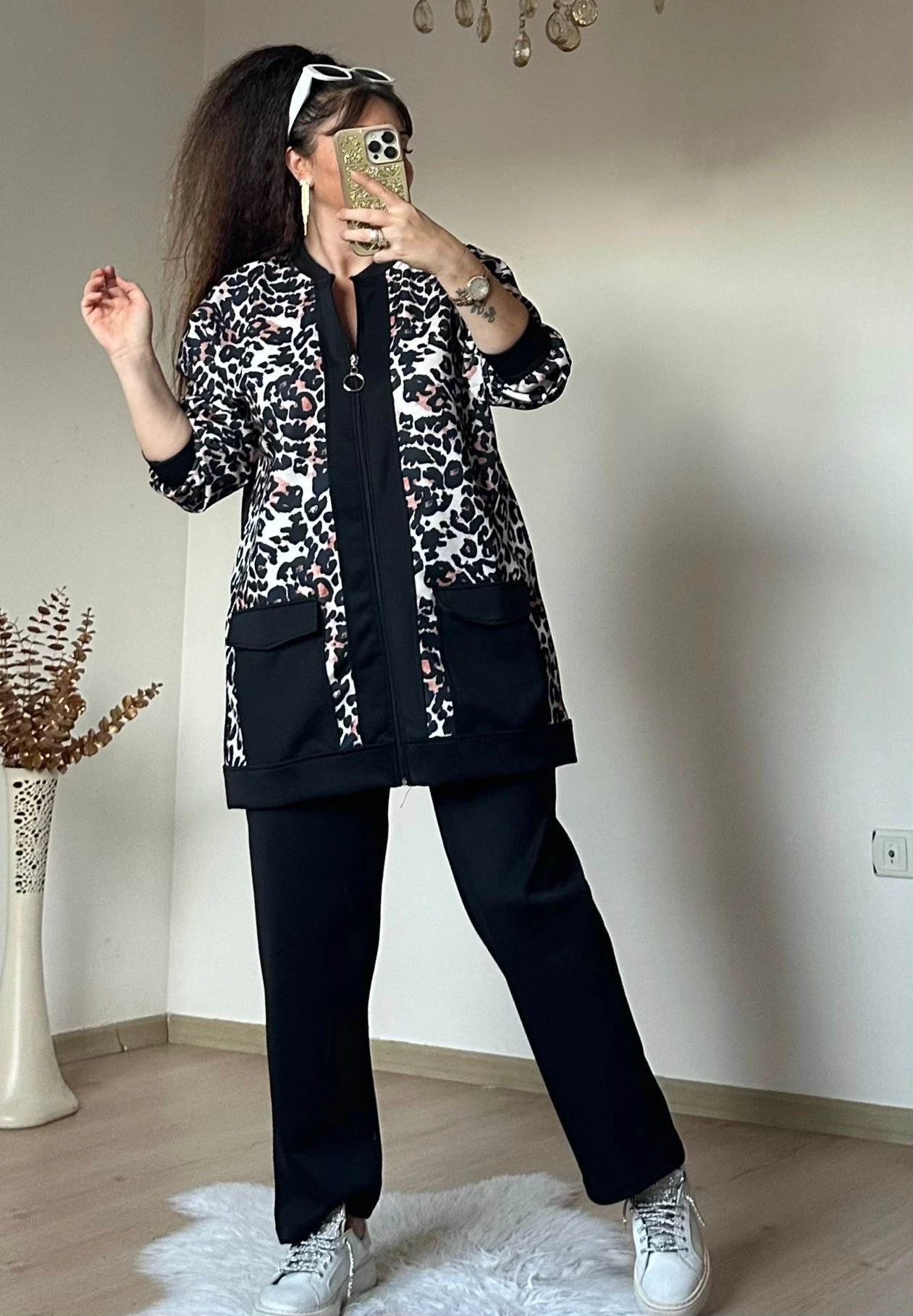 Fermuarlı Leopar Takım Siyah