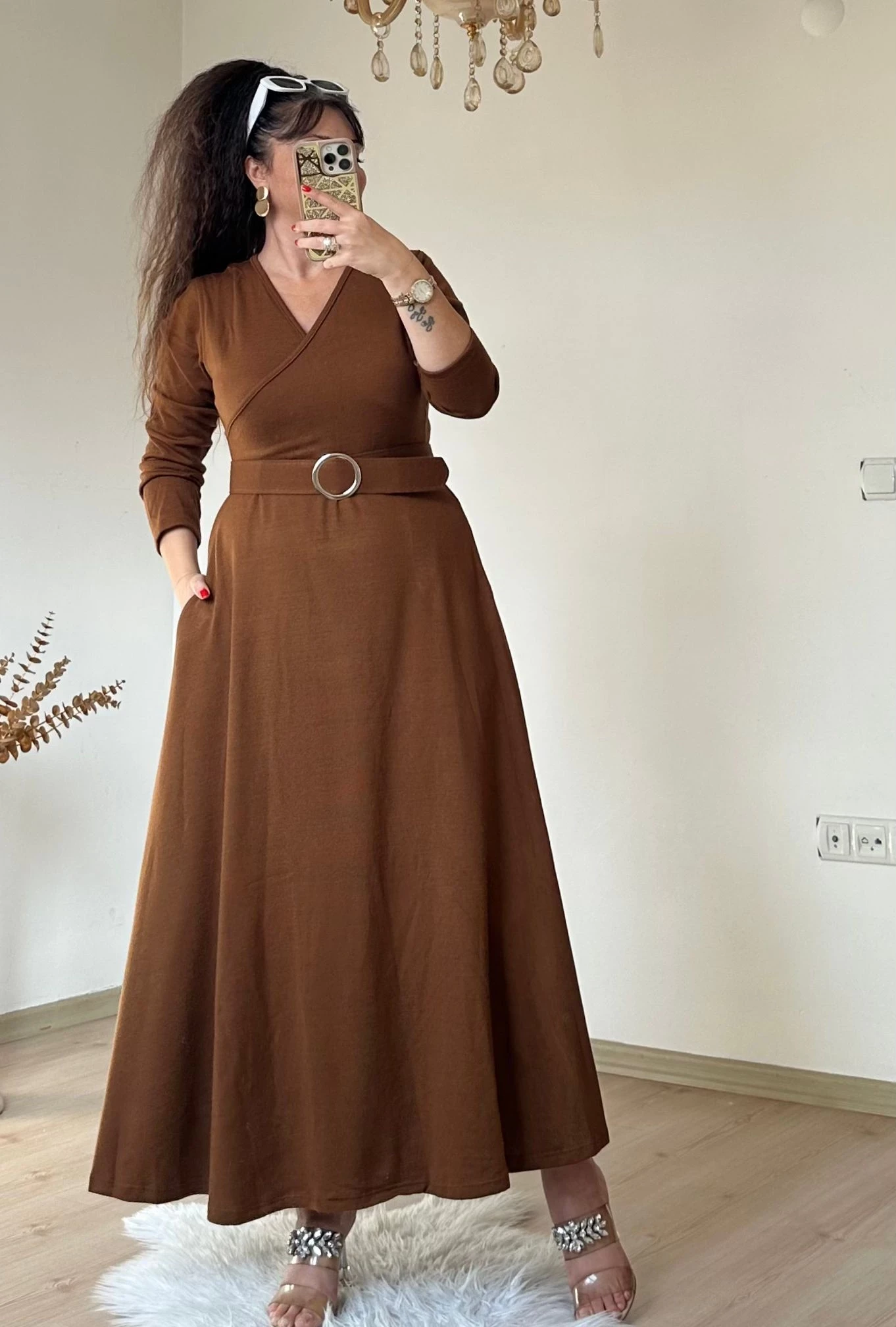 Halka Kemerli Triko Elbise - KAHVE