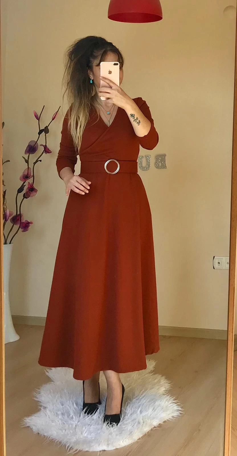 Halka Kemerli Triko Elbise - KAHVE