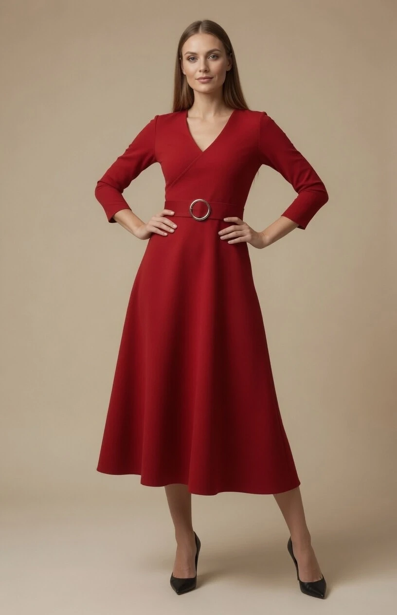 Halka Kemerli Triko Elbise - KIRMIZI