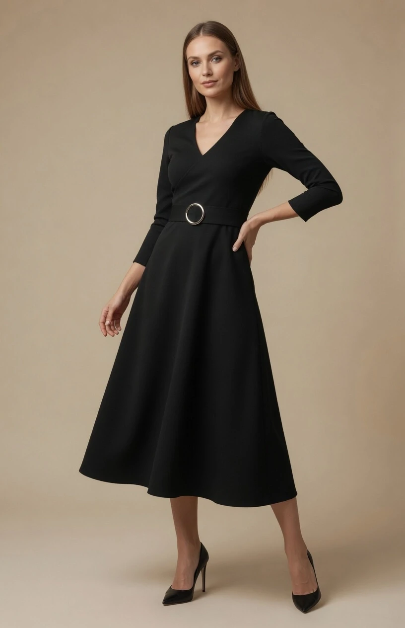 Halka Kemerli Triko Elbise - Siyah