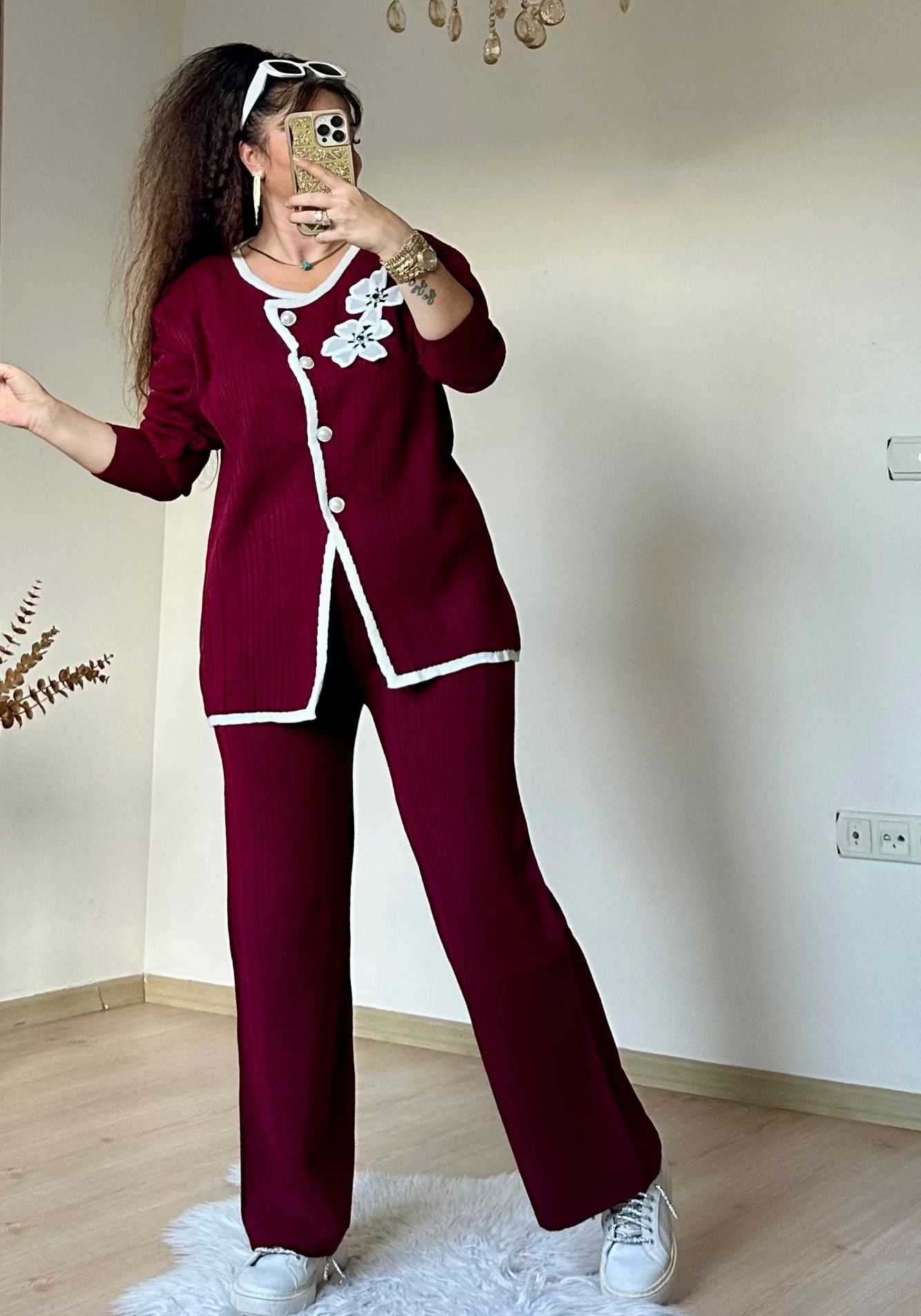 İnci Düğmeli Çiçekli Takım Bordo