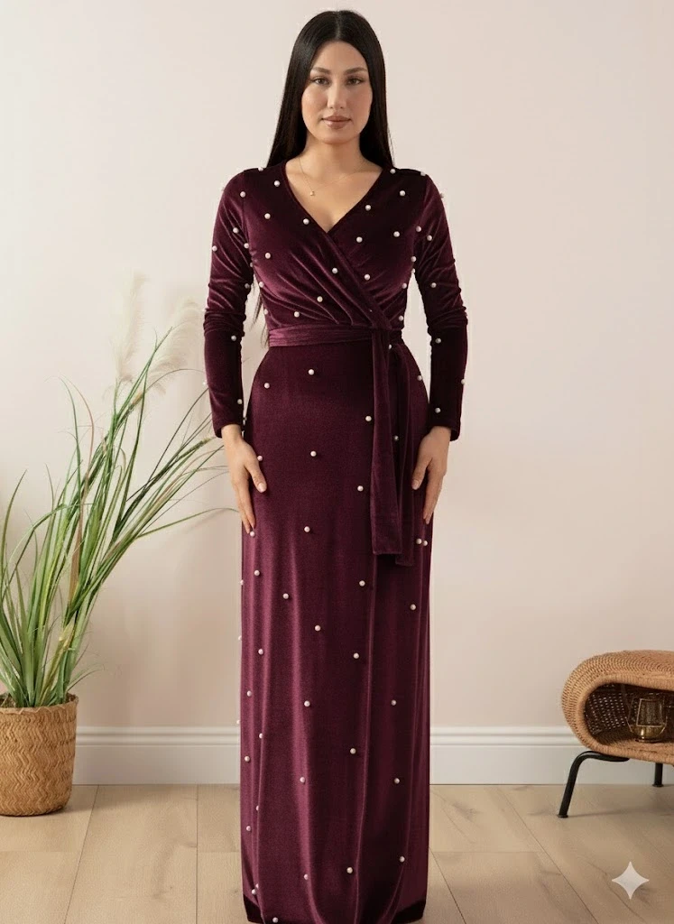 Kadife İ̇ncili Uzun Abiye Elbise Mürdüm