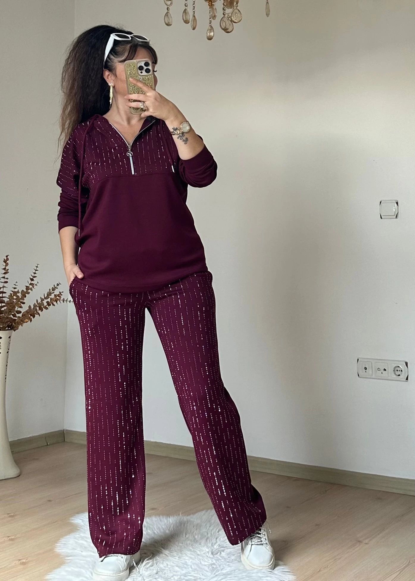 Kapusonlu Taşlı Takım Bordo