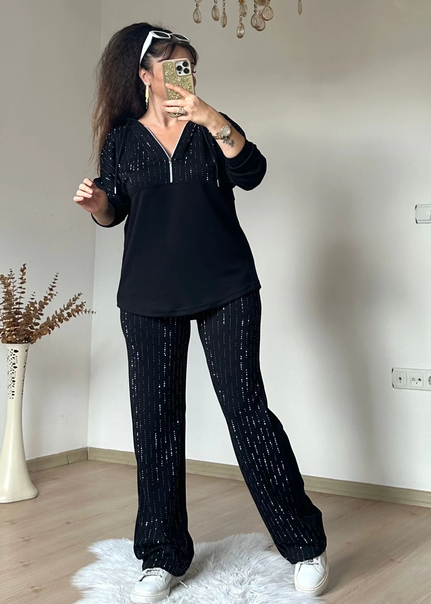 Kapusonlu Taşlı Takım Siyah Büyük Beden