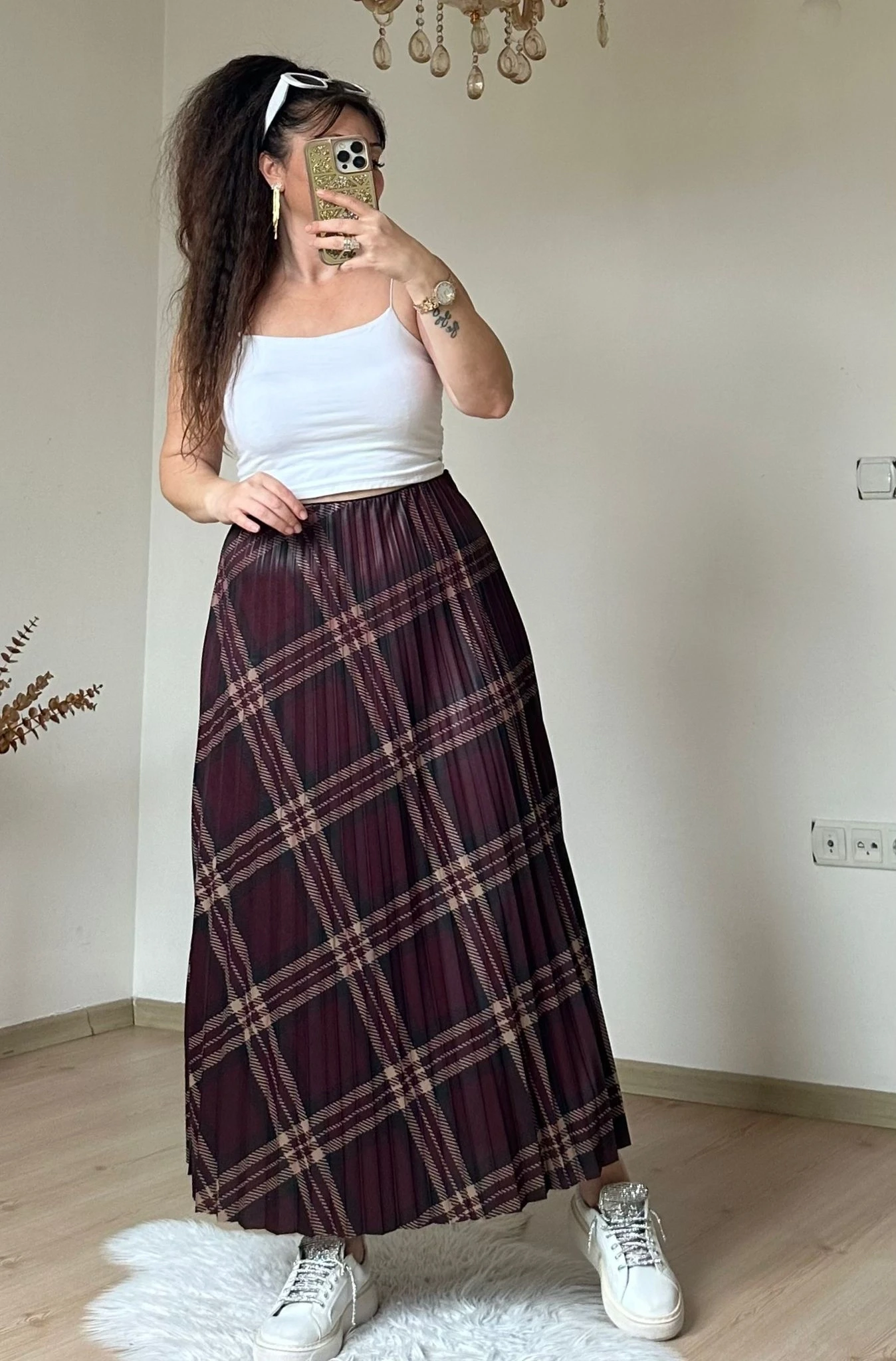 Kare Desen Pileli Bordo Etek