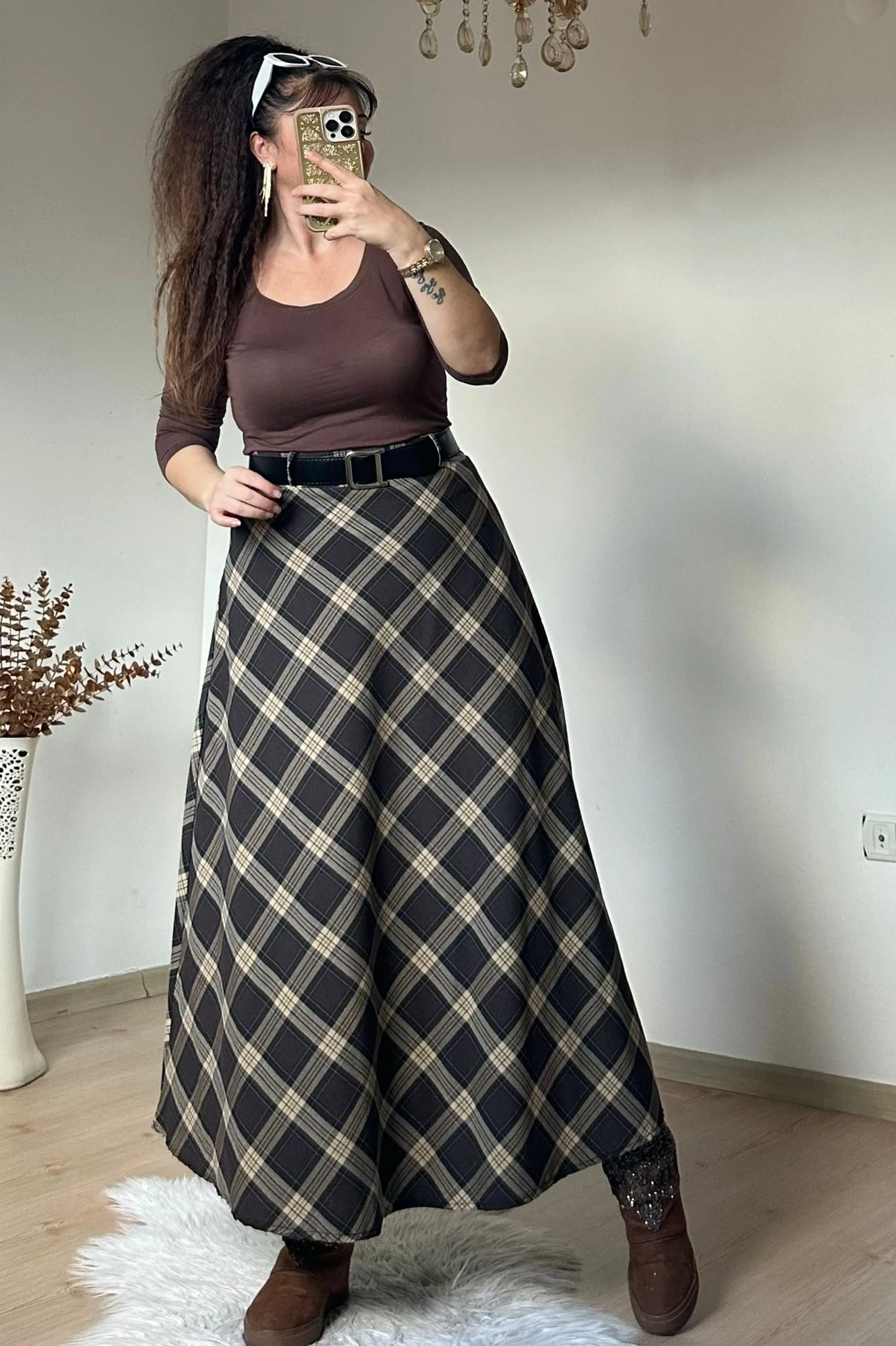 Kemerli Ekose Etek Kahve