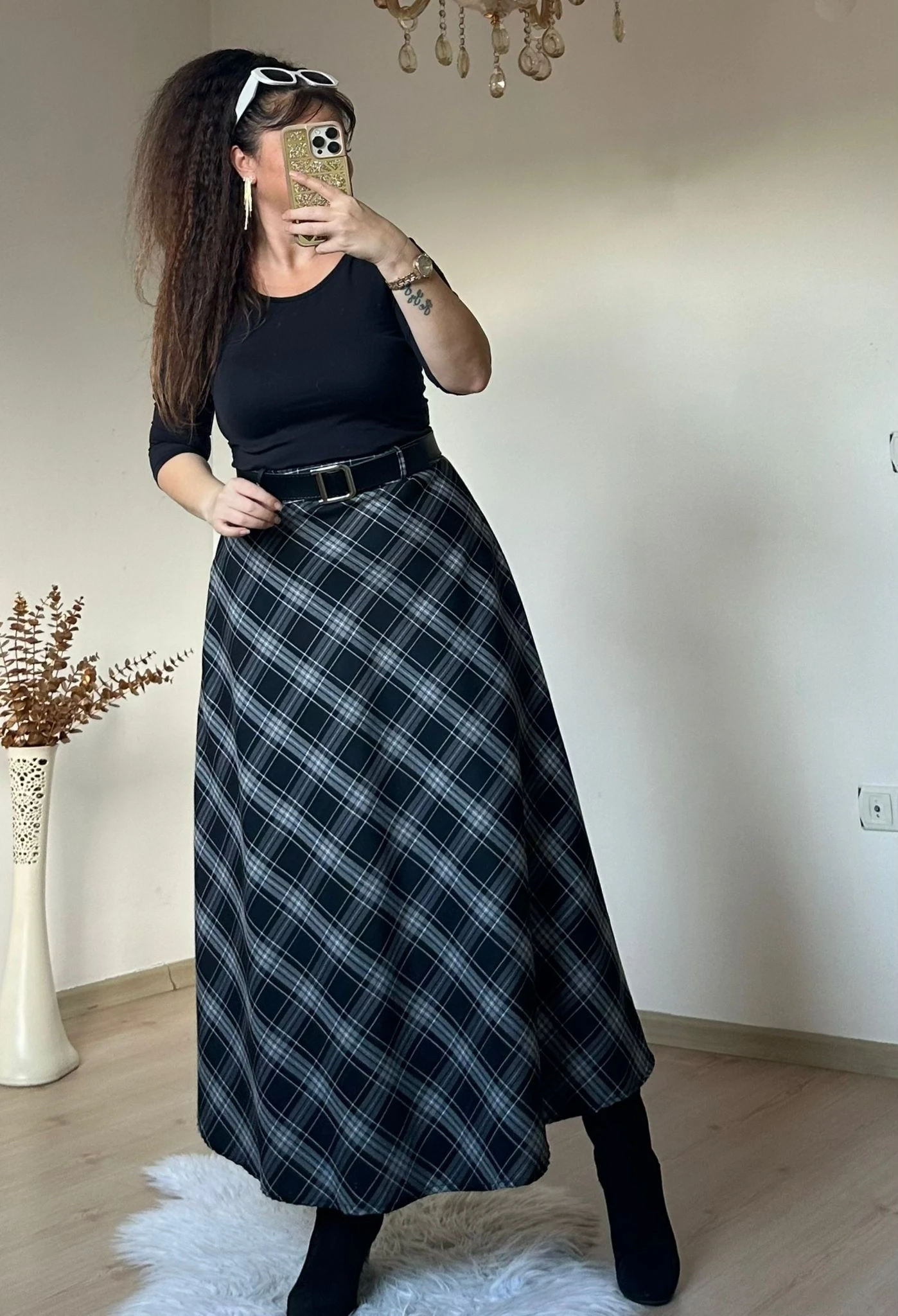 Kemerli Ekose Etek Siyah