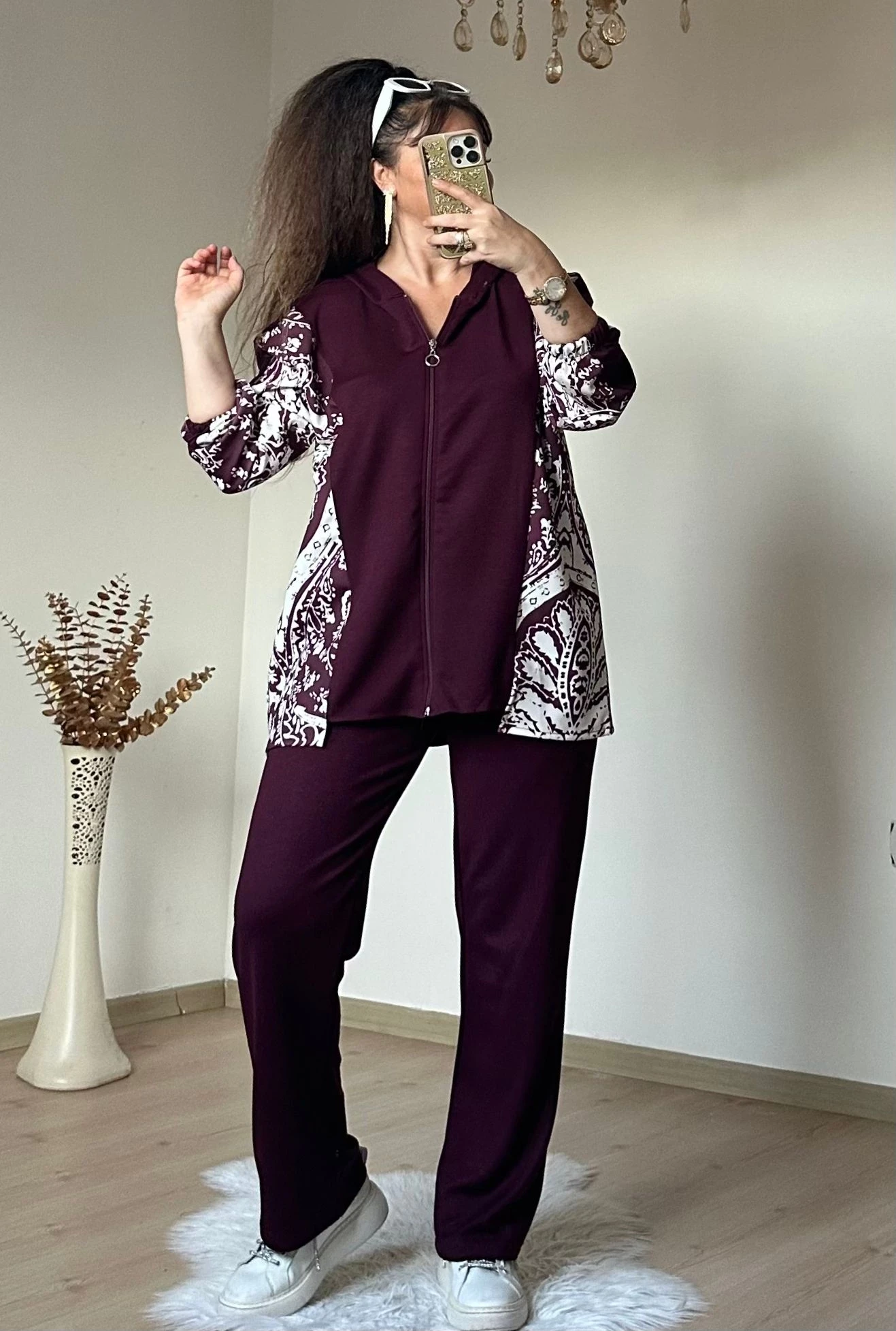 Kilim Desen Büyük Beden Takım Bordo