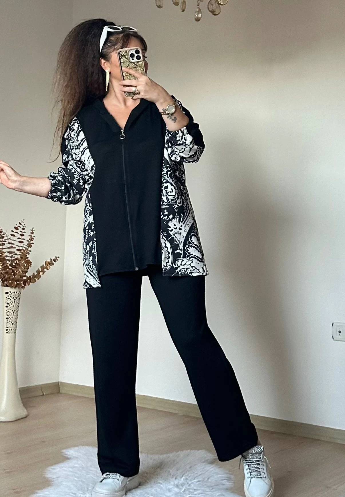 Kilim Desen Büyük Beden Takım Siyah