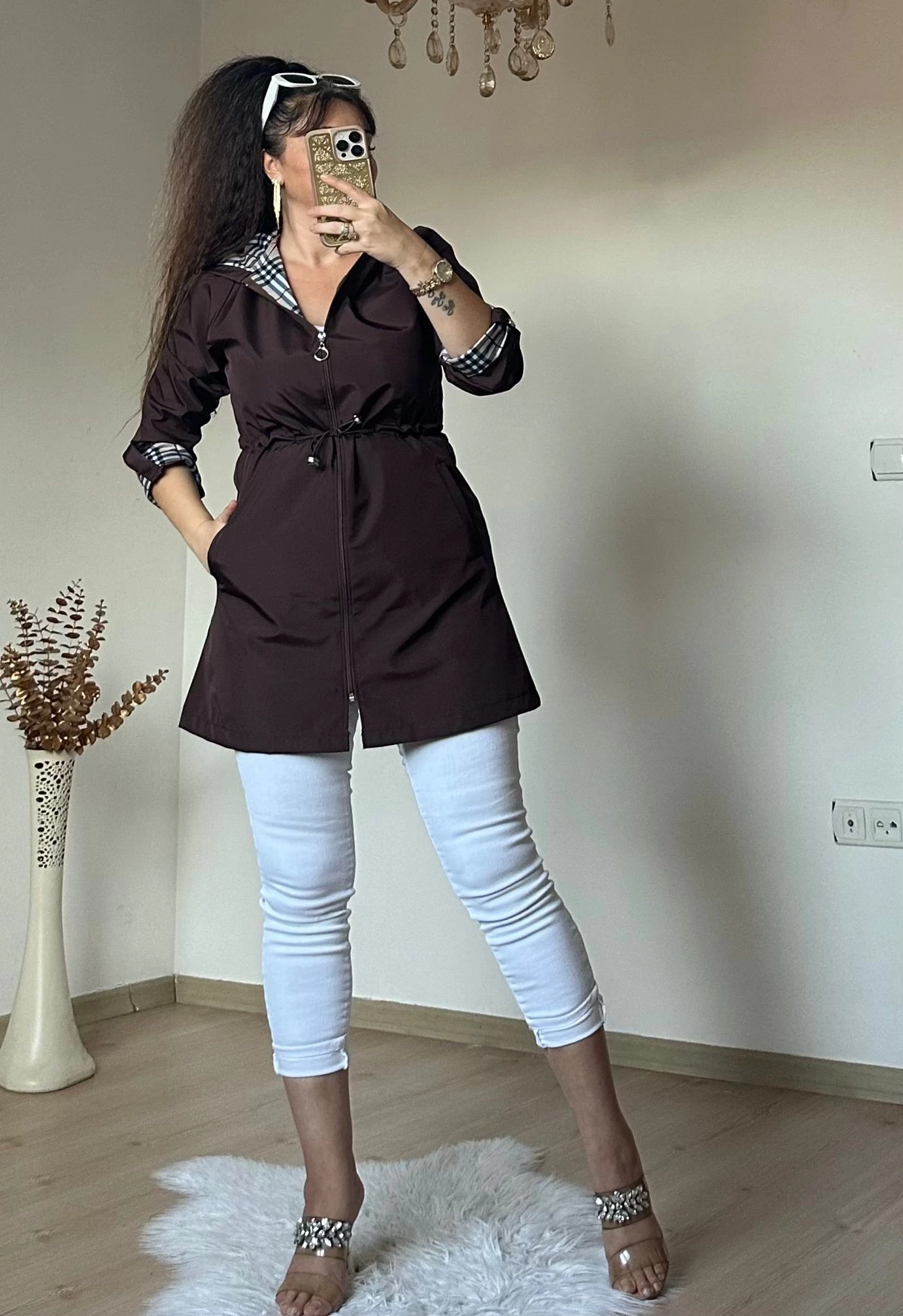 Kısa Kare Desen Trençkot Kahve