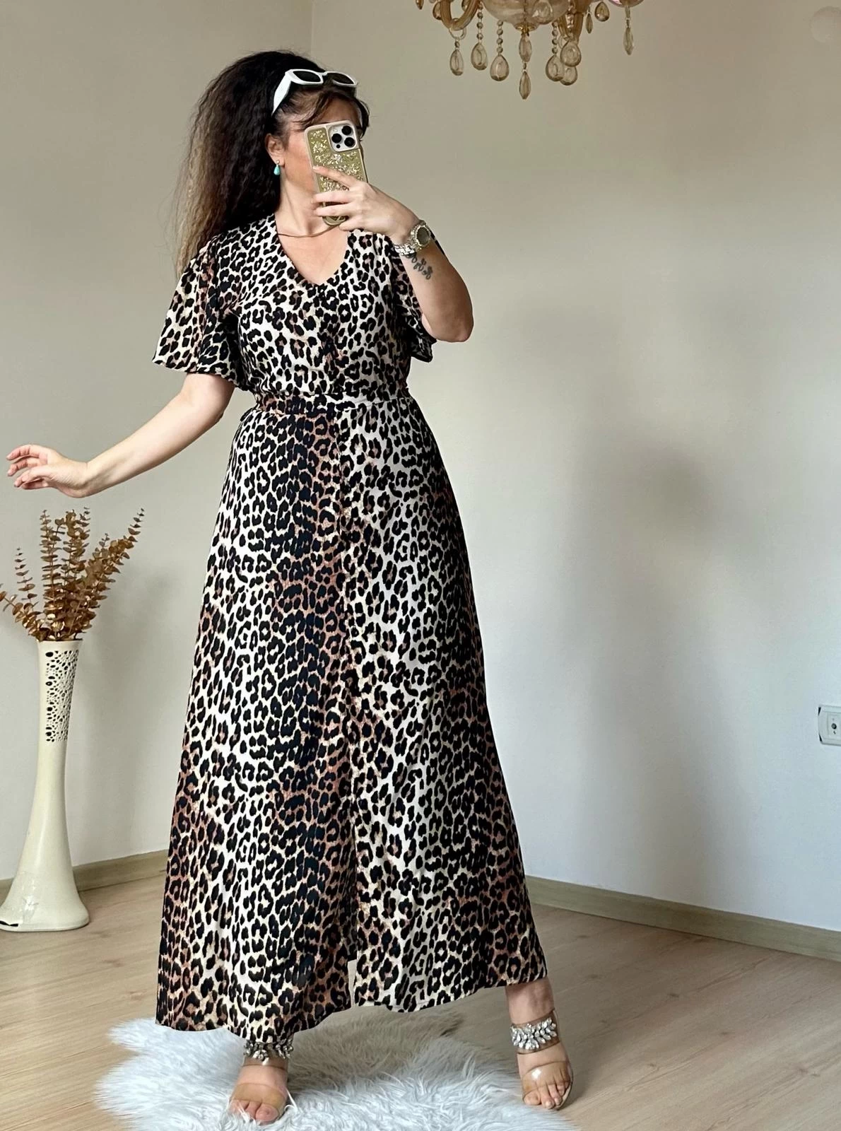 Kol Volanlı Leopar Elbise