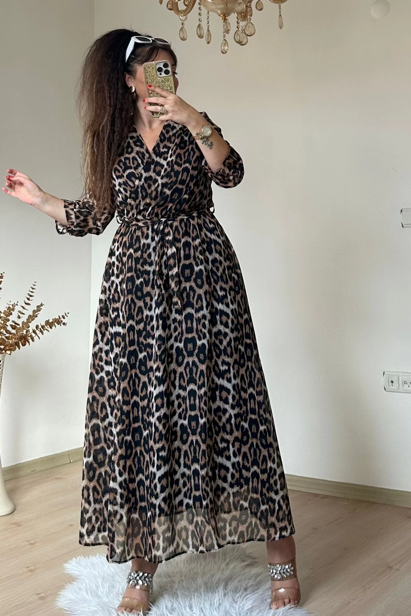 Koyu Renk Uzun Leopar Desen Şifon Elbise