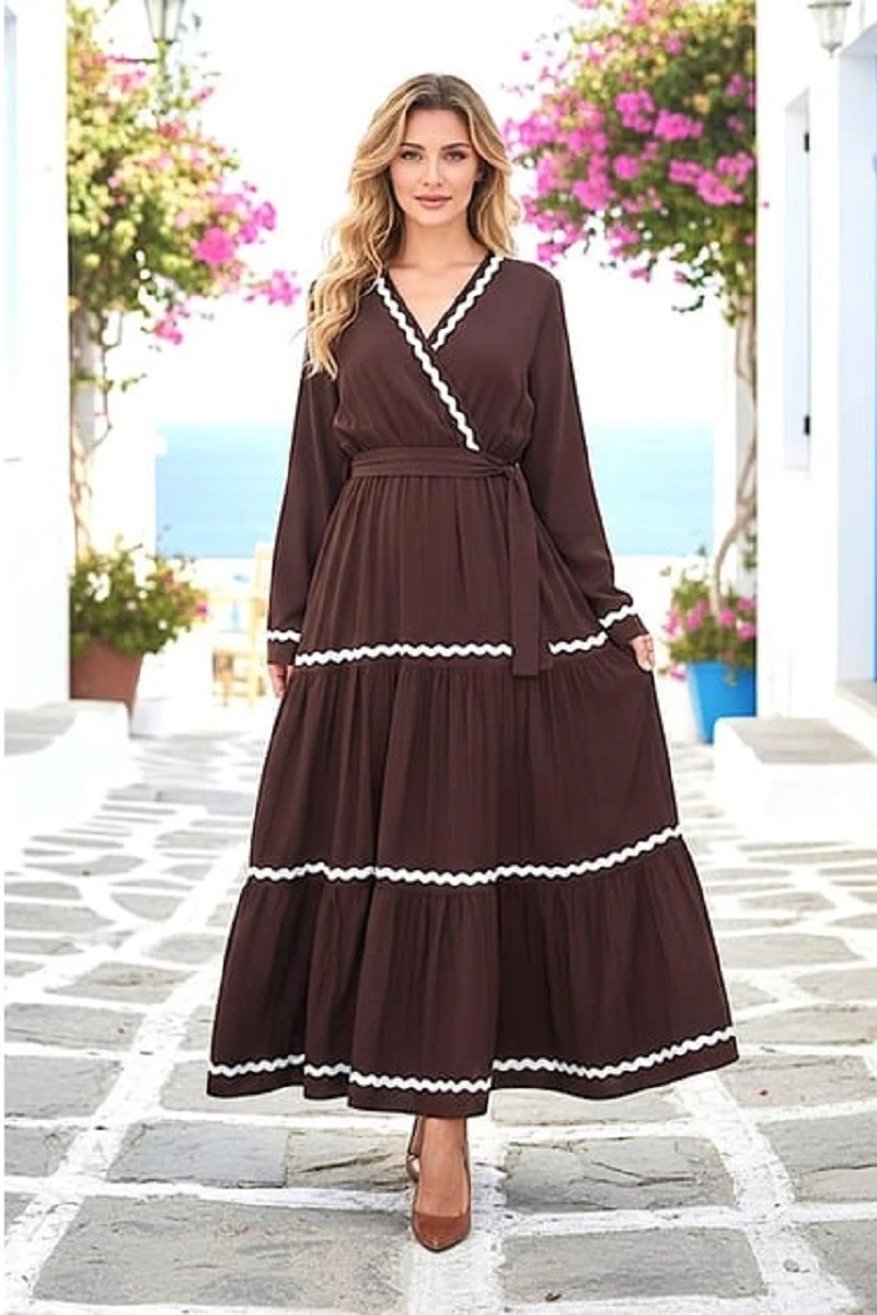 Kruvaze Yaka Kat Kat Uzun Elbise Kahve