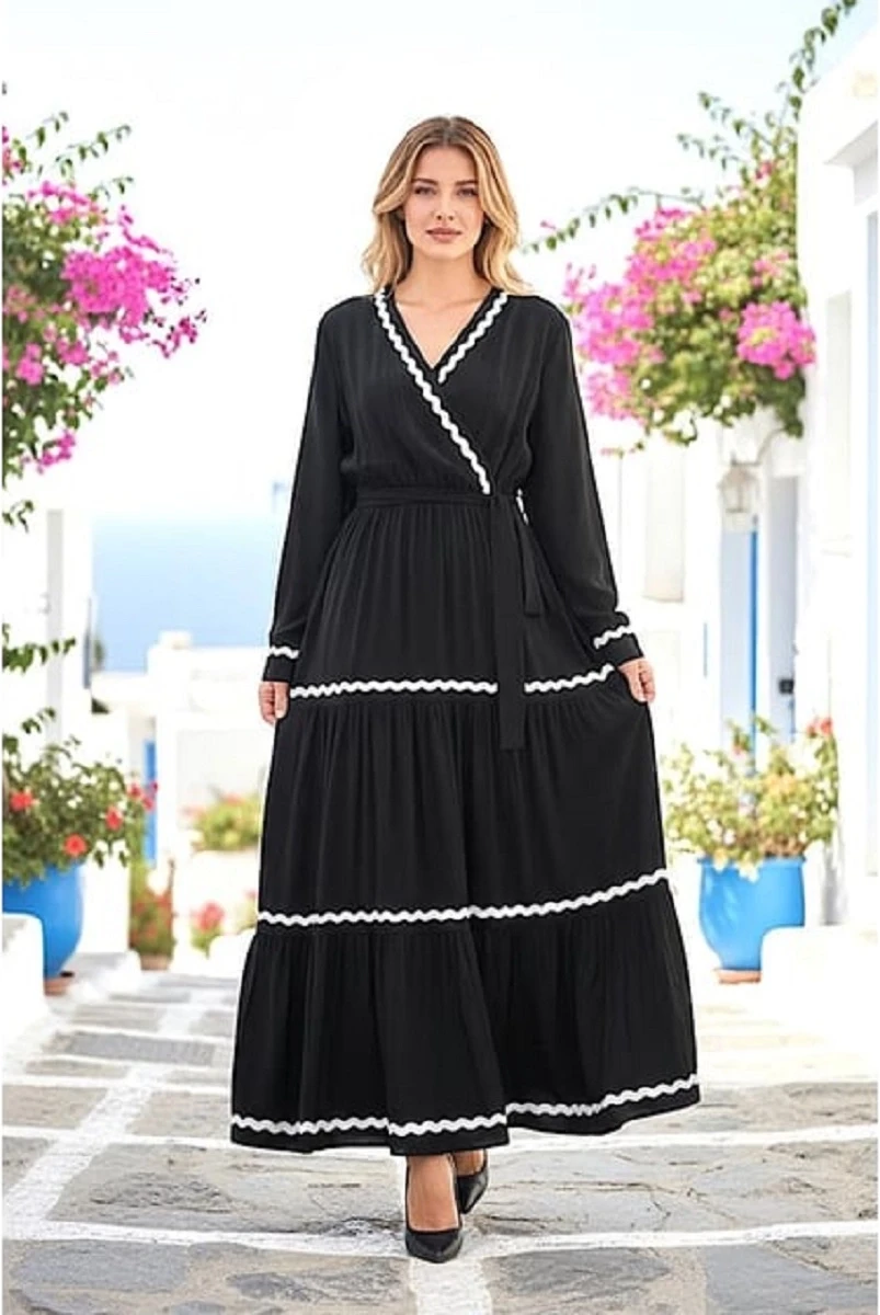 Kruvaze Yaka Kat Kat Uzun Elbise Siyah