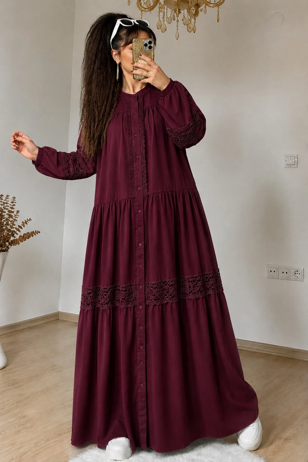 Lavinya Desen Güpür Elbise Bordo