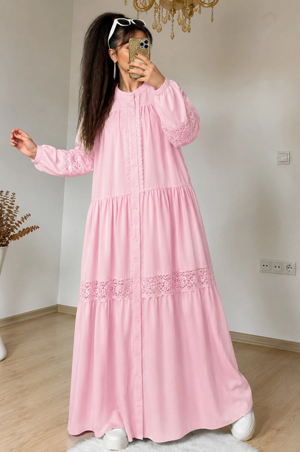 Lavinya Desen Güpür Elbise Pembe