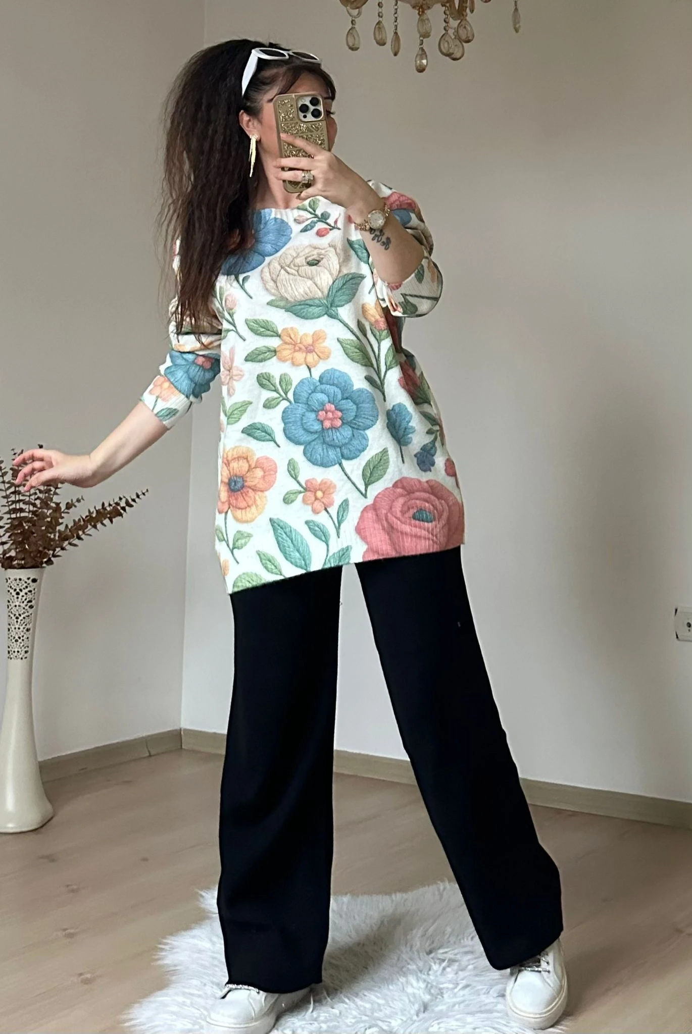 Mavi Gül Desen Triko Takım