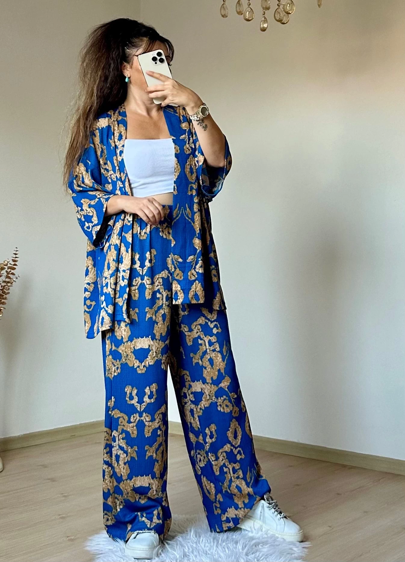 Mavı Motif Desen Kimono Takım