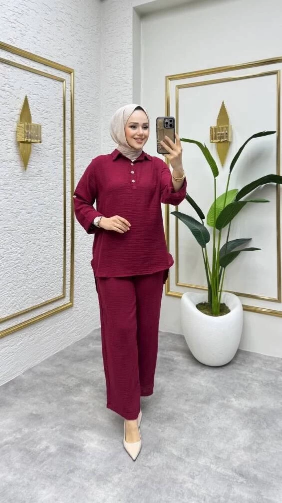 Müslin Pantolon Takım Bordo