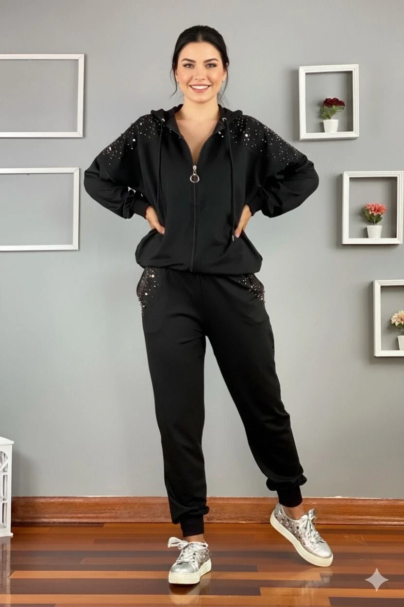 Omuz Ve Cebi İnci Ve Taşlı Takım Siyah