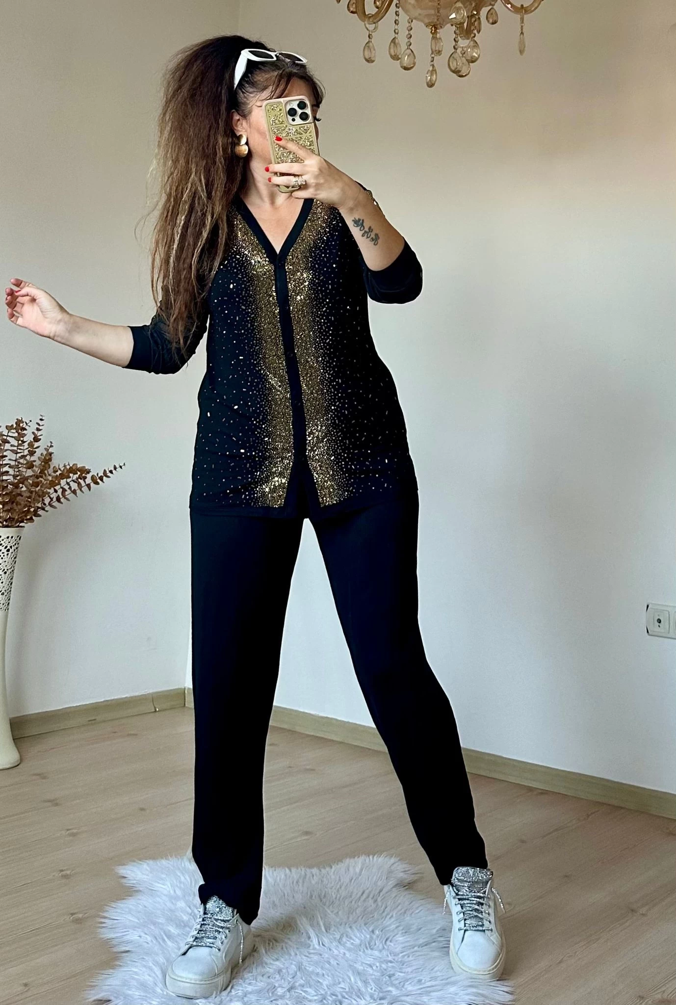 Ön Boydan Gold Taşlı Uzun Kol Takım