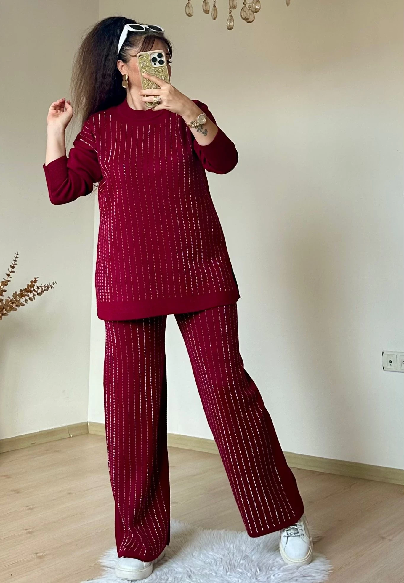 Ön Taşlı Triko Takım Bordo
