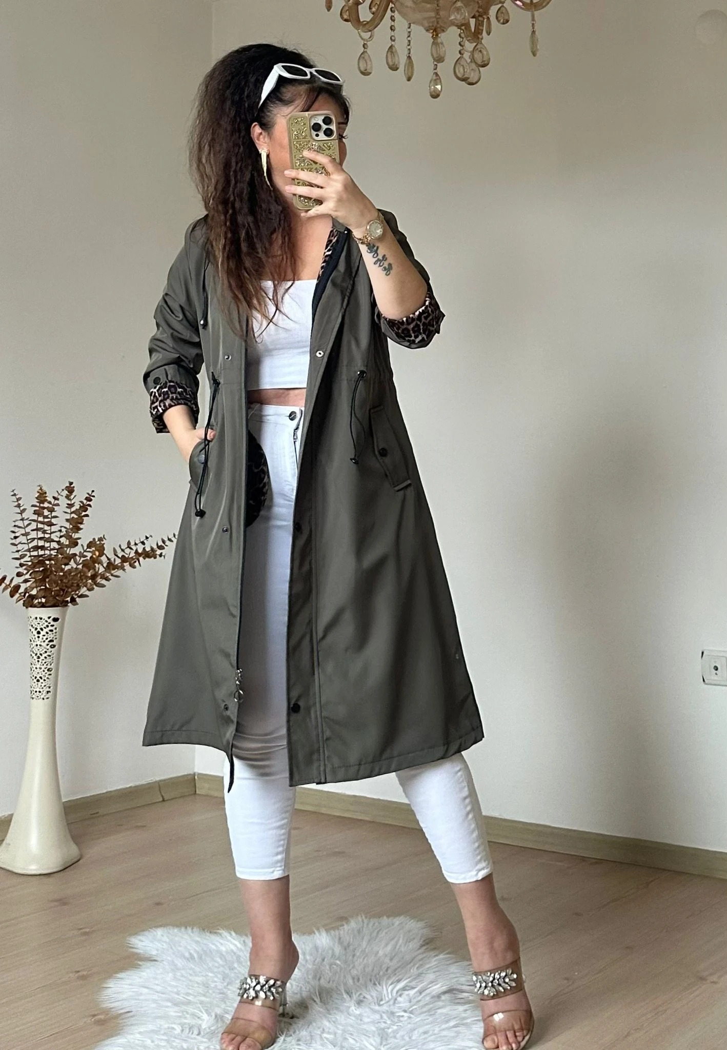 Patlı Trençkot Haki Büyük Beden