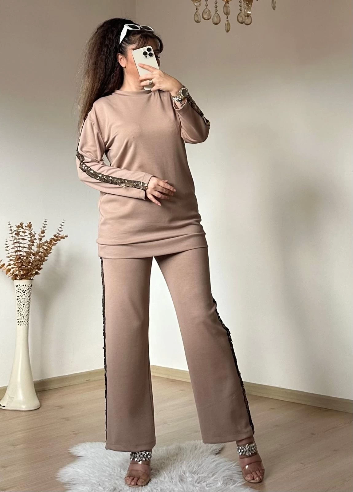 Pul Payet Şerıtlı Takım Bej