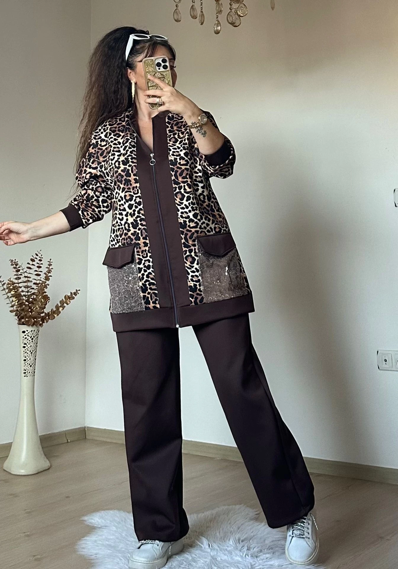 Pul Payetli Leopar Takım Kahve